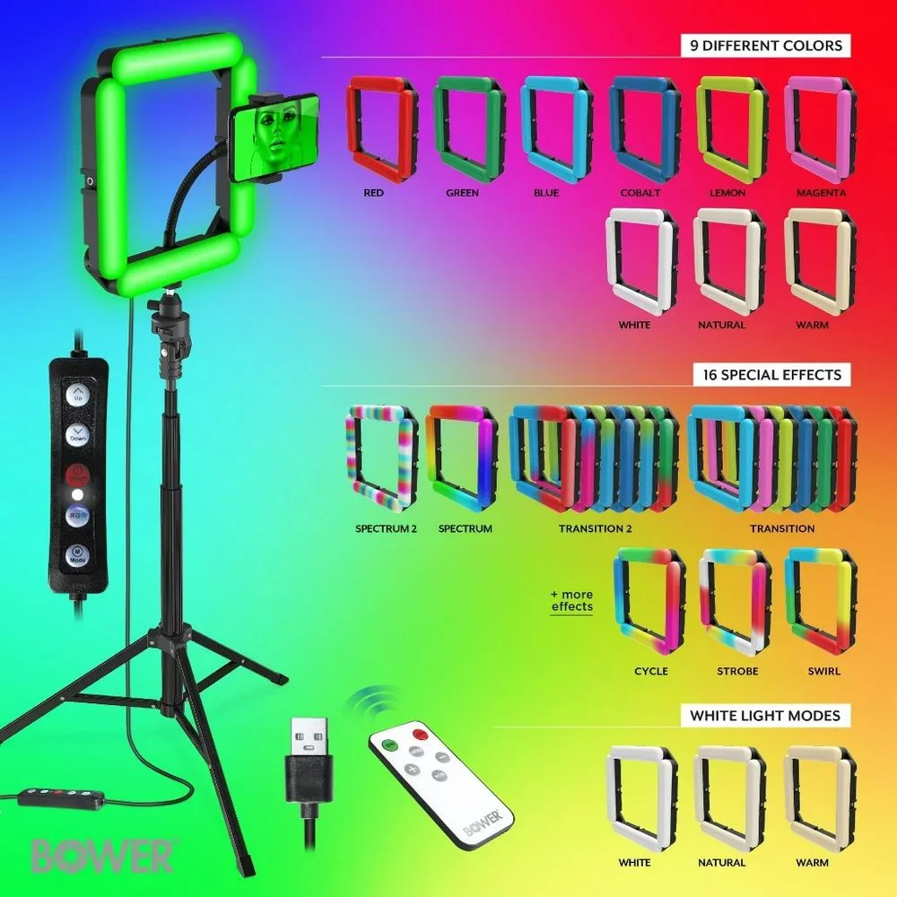 - Bower Quad White and RGB LED Ring Light and Tripod; Black